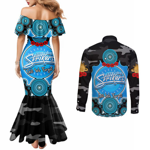 adelaide-strikers-anzac-2024-couples-matching-mermaid-dress-and-long-sleeve-button-shirt-lest-we-forget-poppy-mix-camouflage