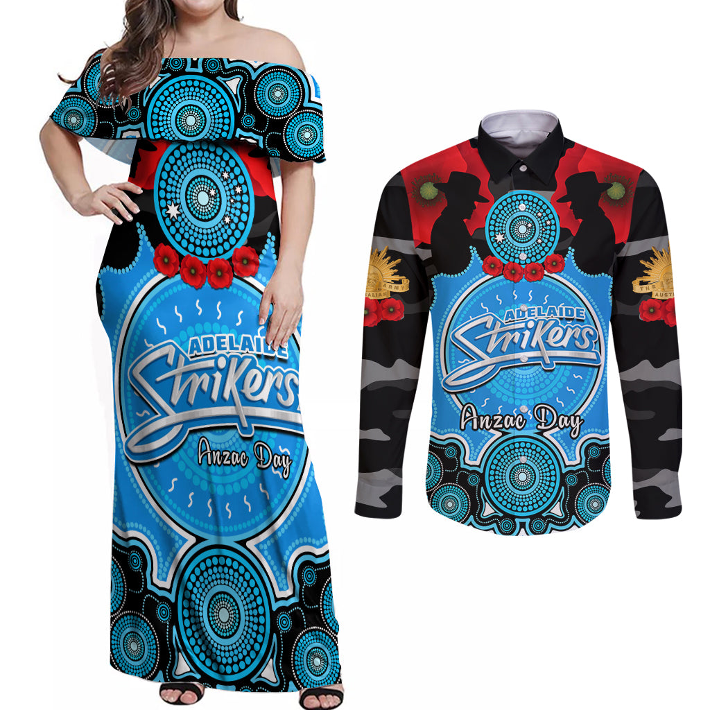 adelaide-strikers-anzac-2024-couples-matching-off-shoulder-maxi-dress-and-long-sleeve-button-shirt-lest-we-forget-poppy-mix-camouflage