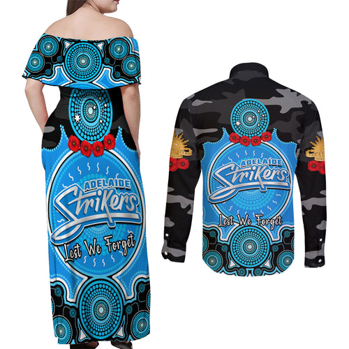 adelaide-strikers-anzac-2024-couples-matching-off-shoulder-maxi-dress-and-long-sleeve-button-shirt-lest-we-forget-poppy-mix-camouflage