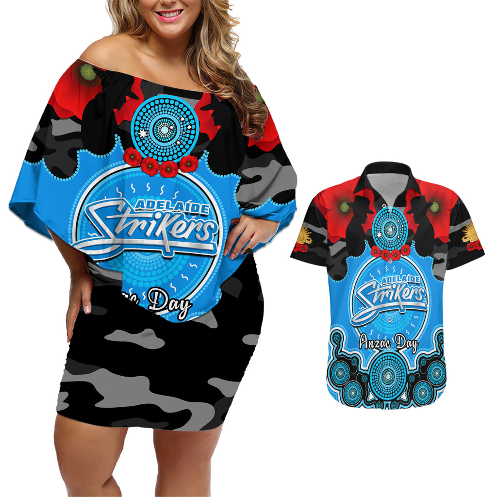 adelaide-strikers-anzac-2024-couples-matching-off-shoulder-short-dress-and-hawaiian-shirt-lest-we-forget-poppy-mix-camouflage