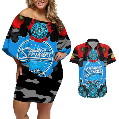 adelaide-strikers-anzac-2024-couples-matching-off-shoulder-short-dress-and-hawaiian-shirt-lest-we-forget-poppy-mix-camouflage