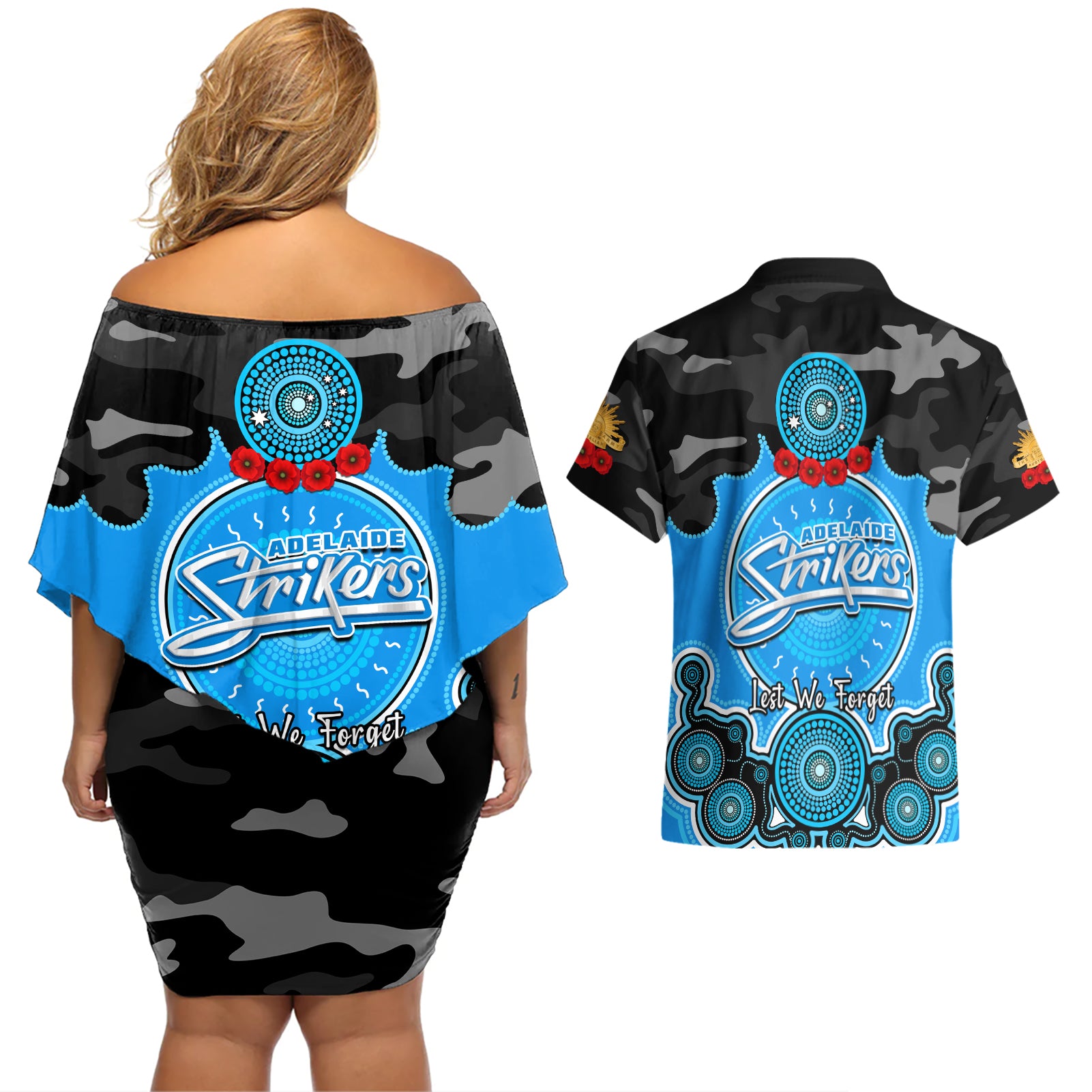 adelaide-strikers-anzac-2024-couples-matching-off-shoulder-short-dress-and-hawaiian-shirt-lest-we-forget-poppy-mix-camouflage