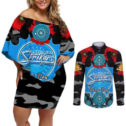 adelaide-strikers-anzac-2024-couples-matching-off-shoulder-short-dress-and-long-sleeve-button-shirt-lest-we-forget-poppy-mix-camouflage