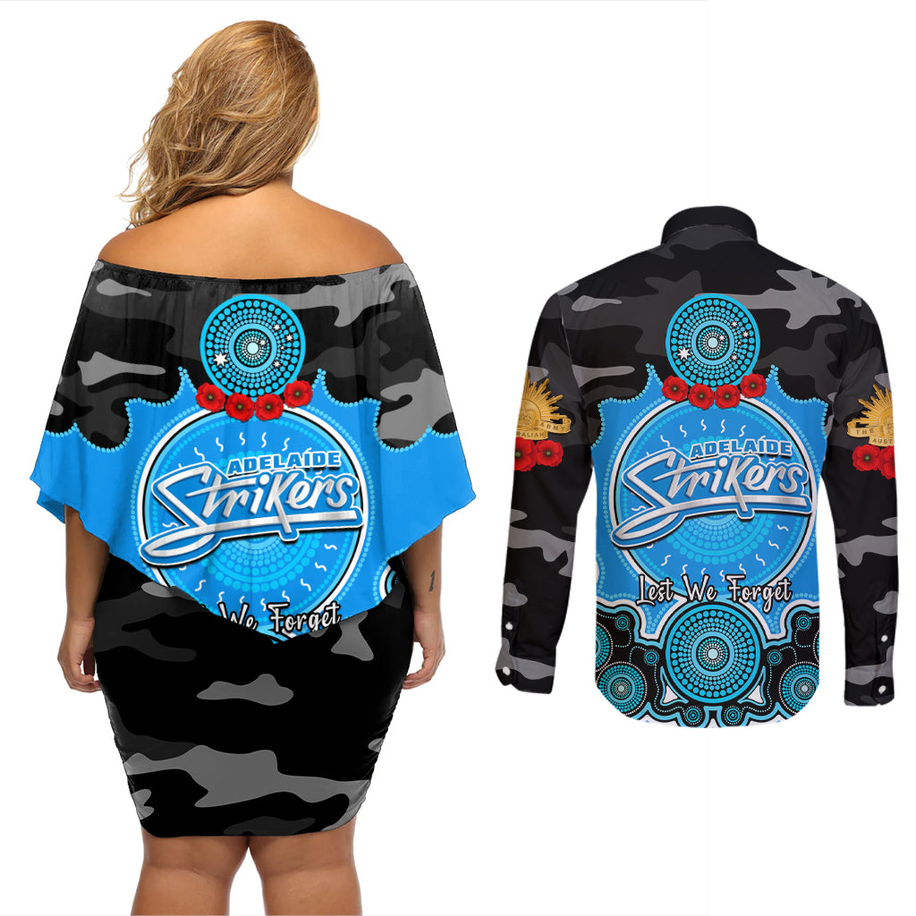 adelaide-strikers-anzac-2024-couples-matching-off-shoulder-short-dress-and-long-sleeve-button-shirt-lest-we-forget-poppy-mix-camouflage