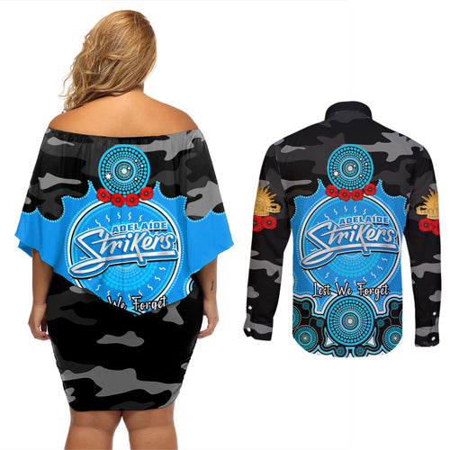 adelaide-strikers-anzac-2024-couples-matching-off-shoulder-short-dress-and-long-sleeve-button-shirt-lest-we-forget-poppy-mix-camouflage