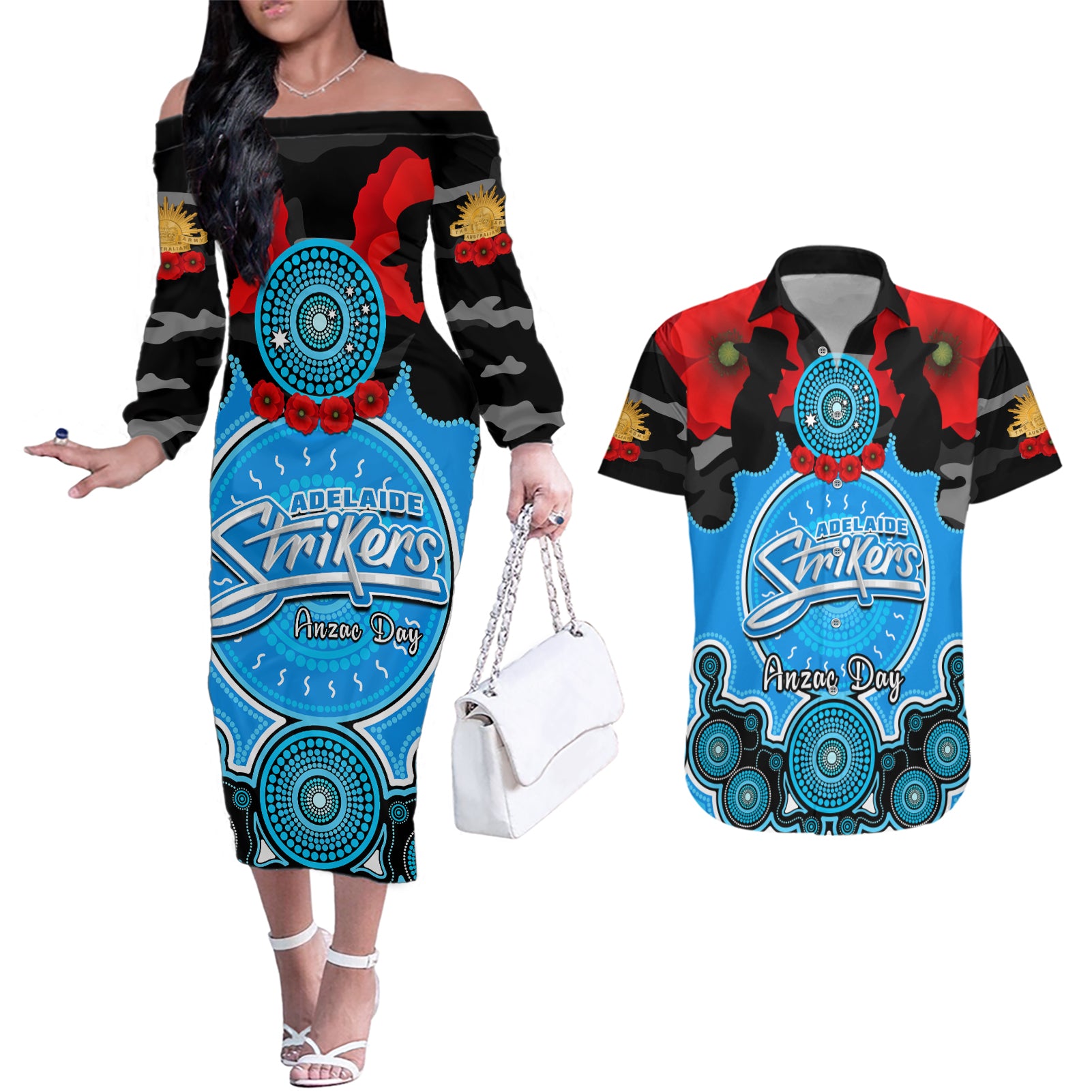 adelaide-strikers-anzac-2024-couples-matching-off-the-shoulder-long-sleeve-dress-and-hawaiian-shirt-lest-we-forget-poppy-mix-camouflage