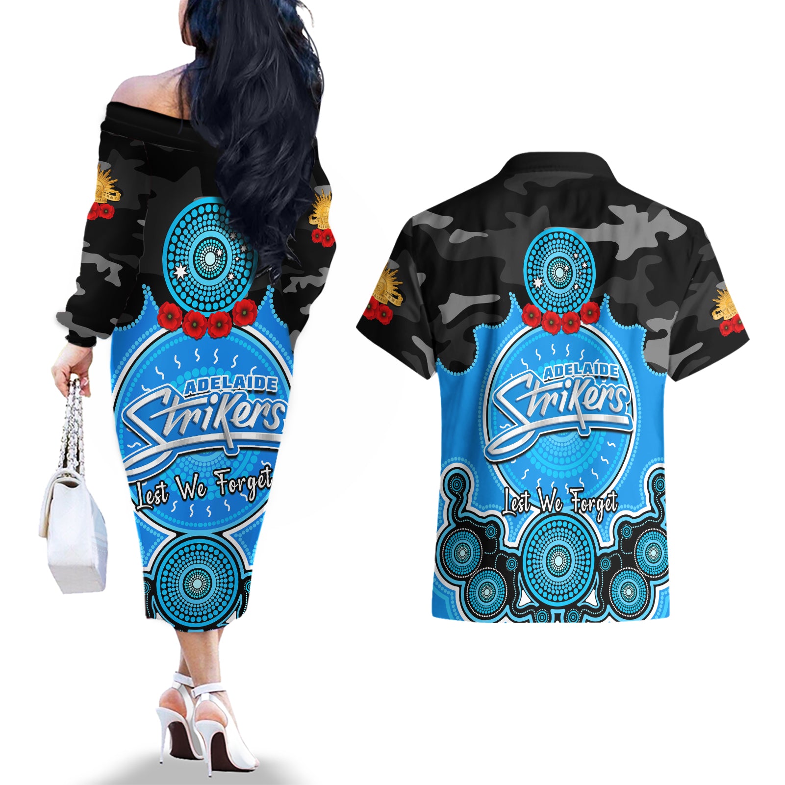 adelaide-strikers-anzac-2024-couples-matching-off-the-shoulder-long-sleeve-dress-and-hawaiian-shirt-lest-we-forget-poppy-mix-camouflage