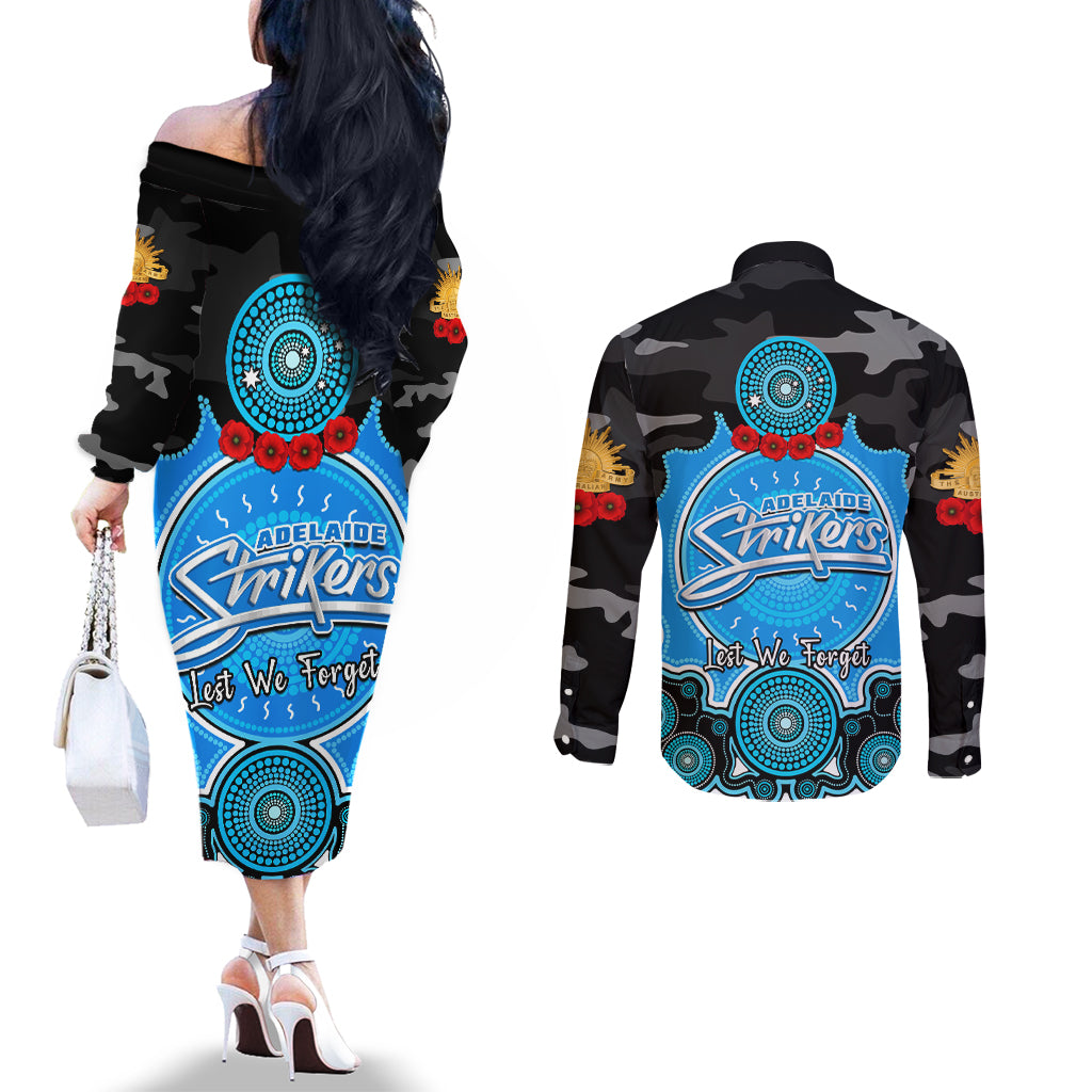 adelaide-strikers-anzac-2024-couples-matching-off-the-shoulder-long-sleeve-dress-and-long-sleeve-button-shirt-lest-we-forget-poppy-mix-camouflage