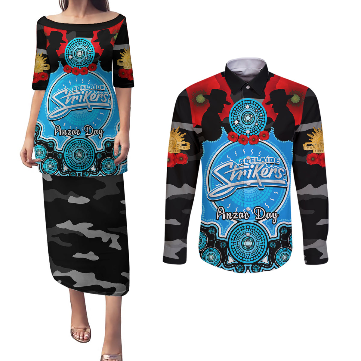adelaide-strikers-anzac-2024-couples-matching-puletasi-dress-and-long-sleeve-button-shirt-lest-we-forget-poppy-mix-camouflage