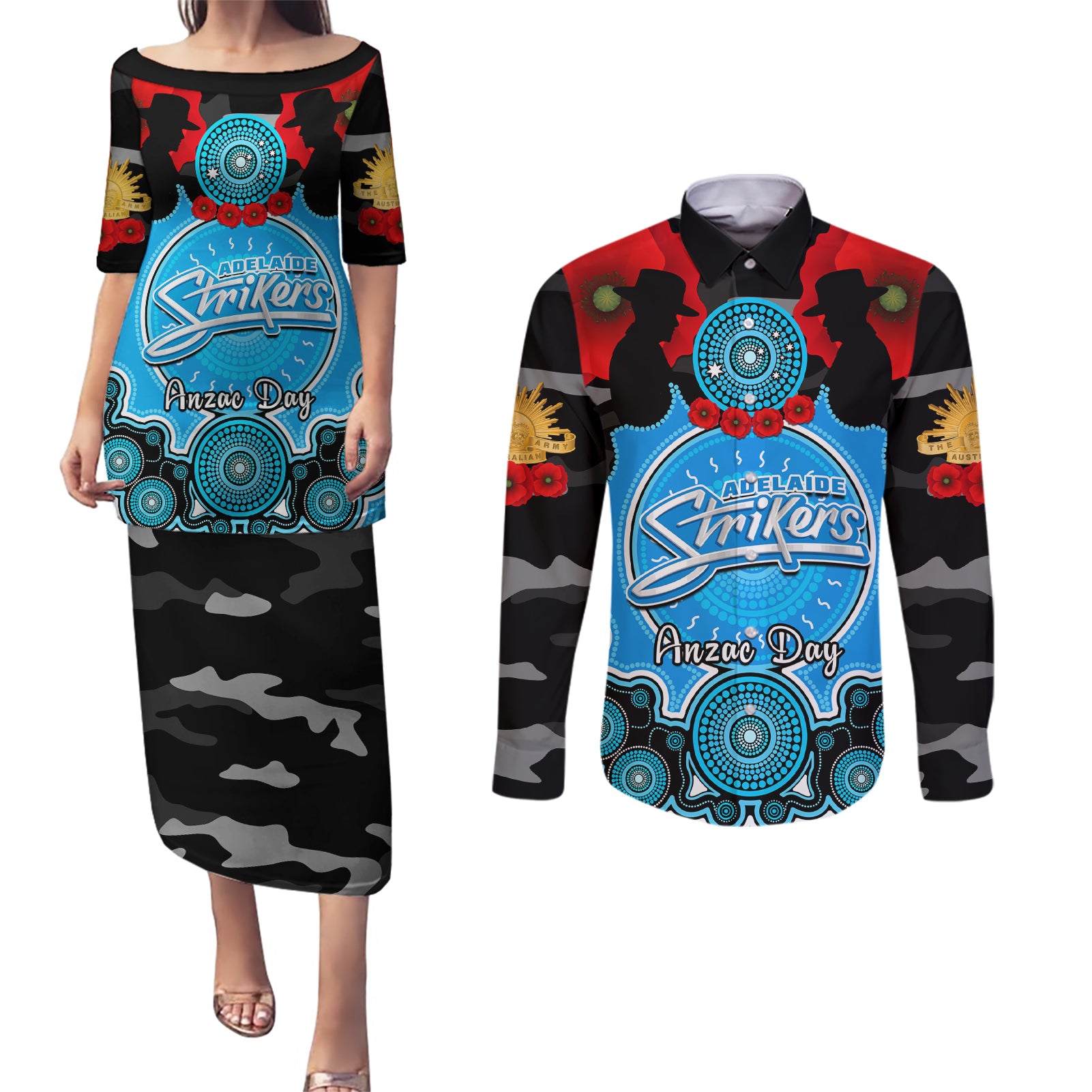 adelaide-strikers-anzac-2024-couples-matching-puletasi-dress-and-long-sleeve-button-shirt-lest-we-forget-poppy-mix-camouflage