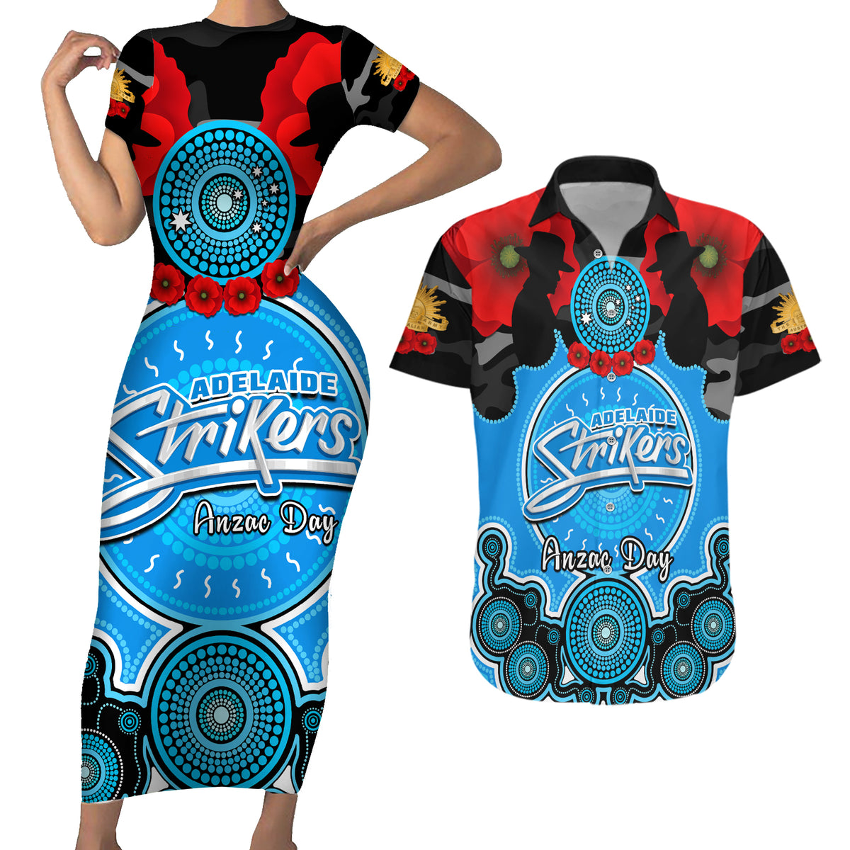 adelaide-strikers-anzac-2024-couples-matching-short-sleeve-bodycon-dress-and-hawaiian-shirt-lest-we-forget-poppy-mix-camouflage