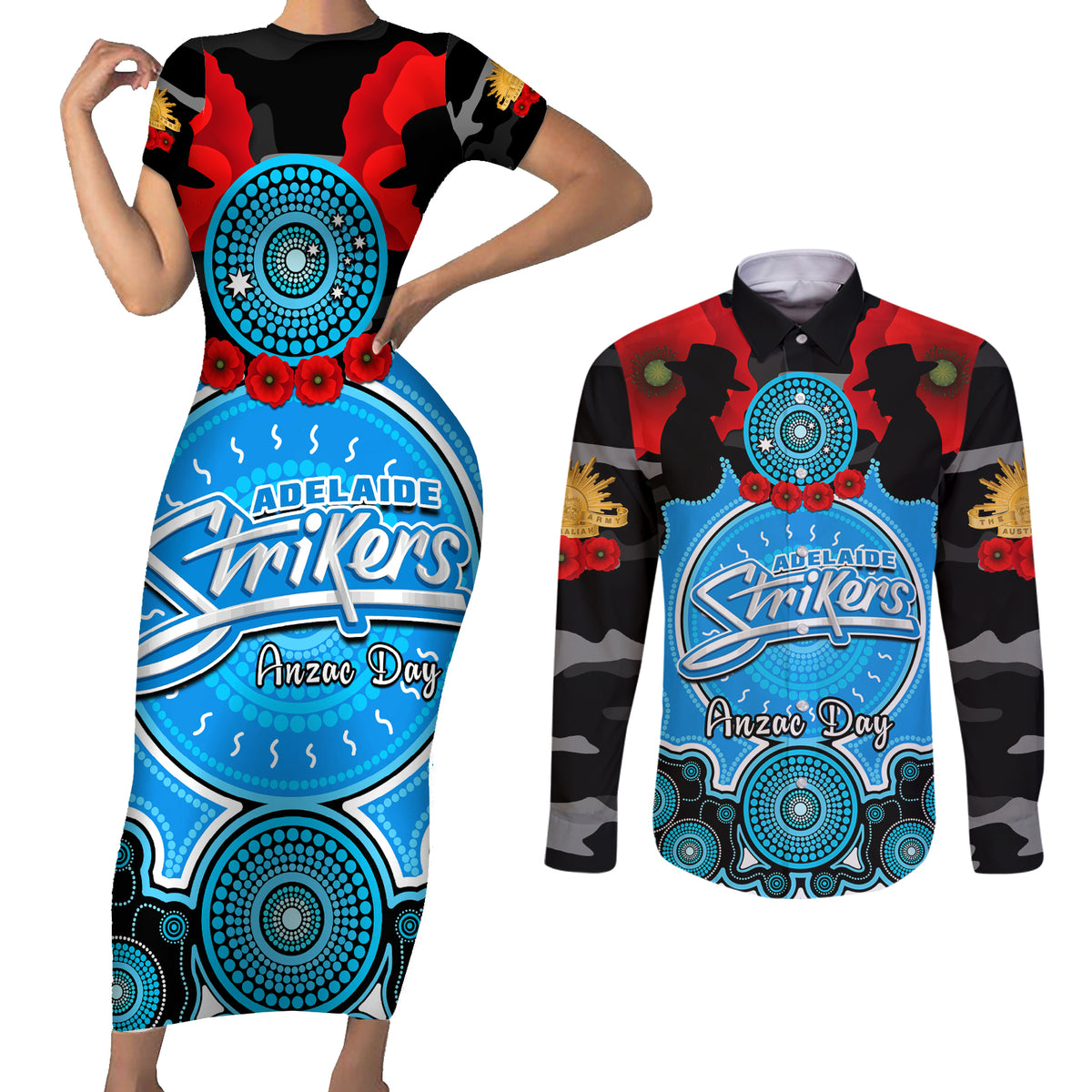 adelaide-strikers-anzac-2024-couples-matching-short-sleeve-bodycon-dress-and-long-sleeve-button-shirt-lest-we-forget-poppy-mix-camouflage