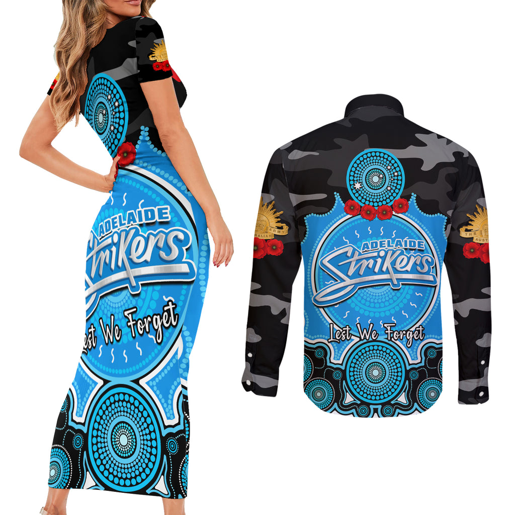 adelaide-strikers-anzac-2024-couples-matching-short-sleeve-bodycon-dress-and-long-sleeve-button-shirt-lest-we-forget-poppy-mix-camouflage