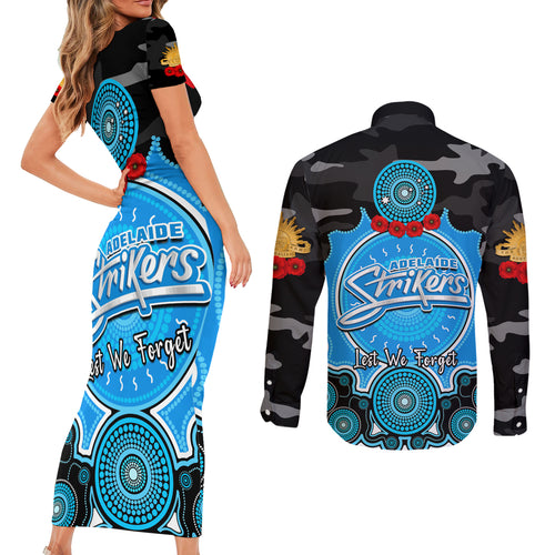 adelaide-strikers-anzac-2024-couples-matching-short-sleeve-bodycon-dress-and-long-sleeve-button-shirt-lest-we-forget-poppy-mix-camouflage