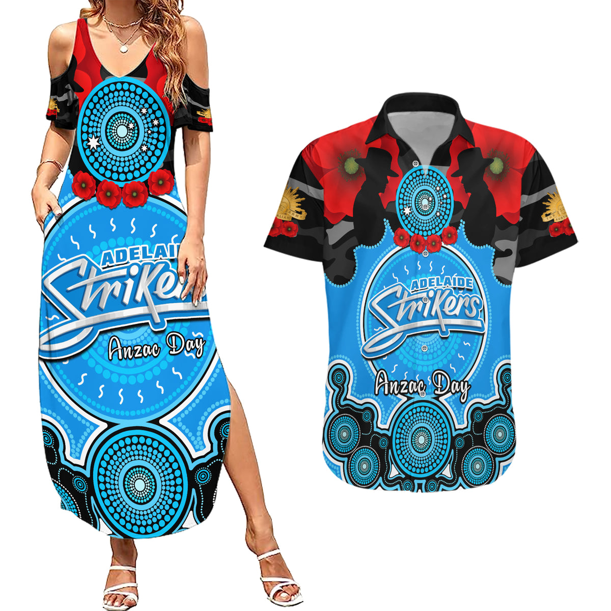adelaide-strikers-anzac-2024-couples-matching-summer-maxi-dress-and-hawaiian-shirt-lest-we-forget-poppy-mix-camouflage