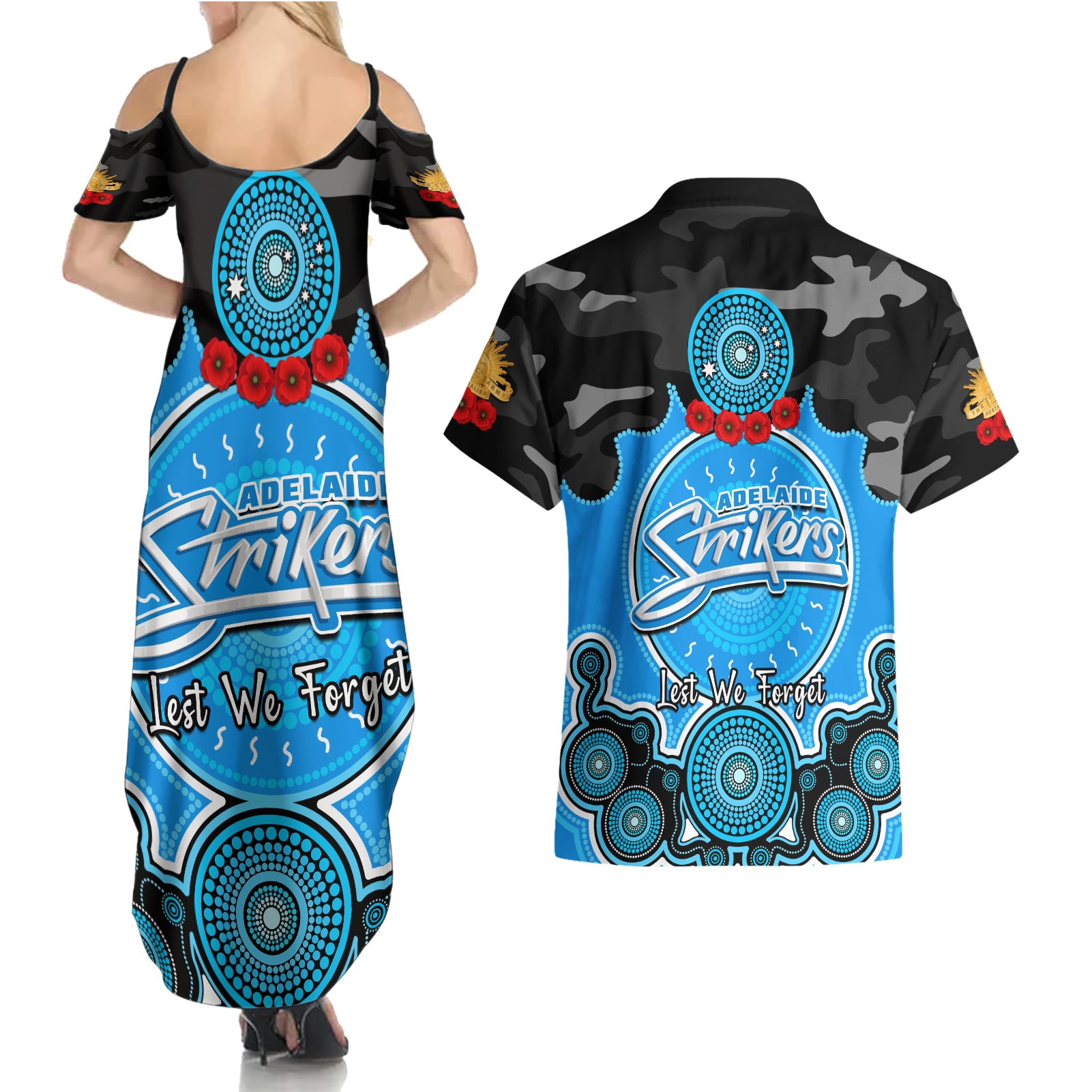 adelaide-strikers-anzac-2024-couples-matching-summer-maxi-dress-and-hawaiian-shirt-lest-we-forget-poppy-mix-camouflage