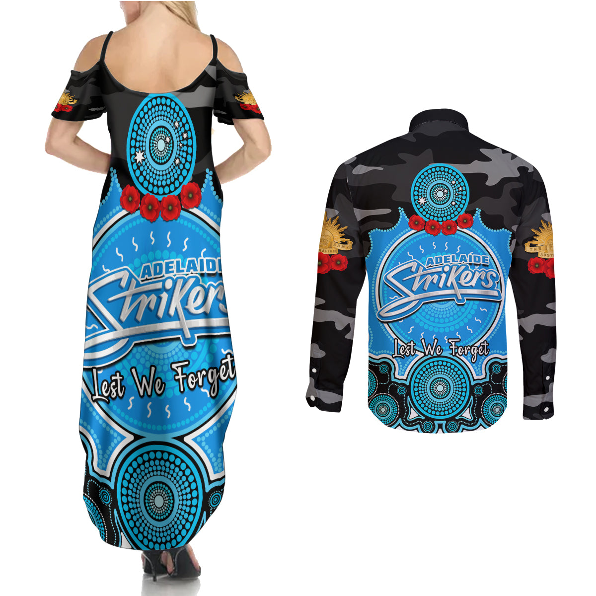 adelaide-strikers-anzac-2024-couples-matching-summer-maxi-dress-and-long-sleeve-button-shirt-lest-we-forget-poppy-mix-camouflage
