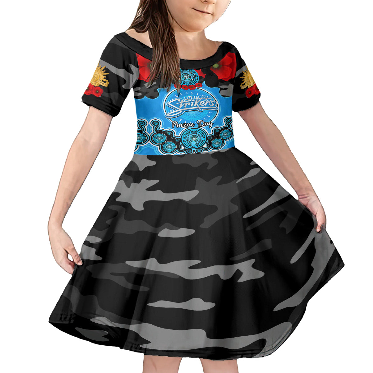 adelaide-strikers-anzac-2024-kid-short-sleeve-dress-lest-we-forget-poppy-mix-camouflage