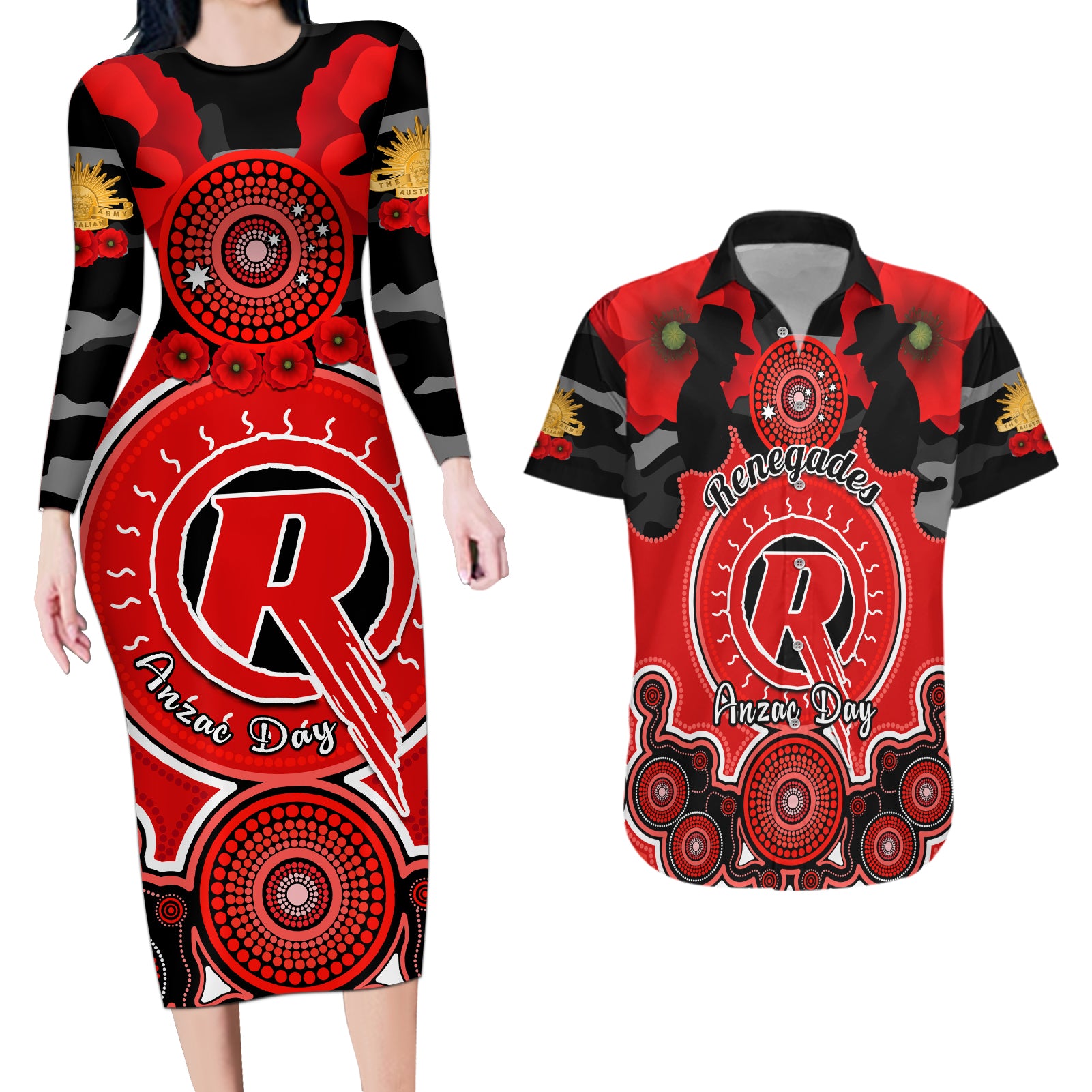 melbourne-renegades-anzac-2024-couples-matching-long-sleeve-bodycon-dress-and-hawaiian-shirt-lest-we-forget-poppy-mix-camouflage