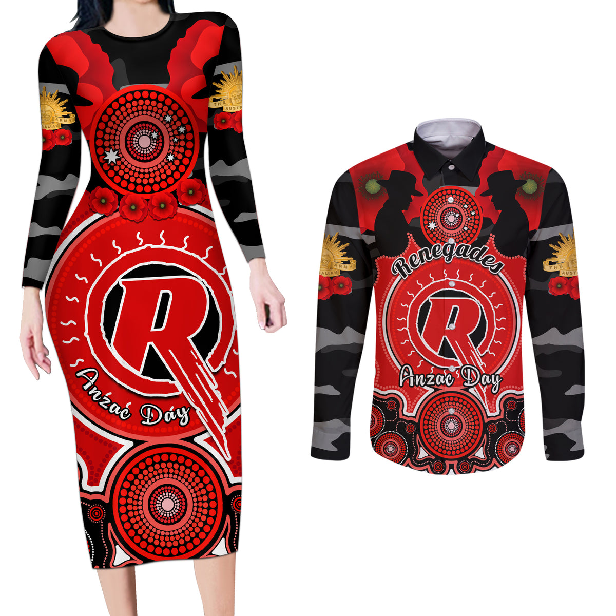 melbourne-renegades-anzac-2024-couples-matching-long-sleeve-bodycon-dress-and-long-sleeve-button-shirt-lest-we-forget-poppy-mix-camouflage