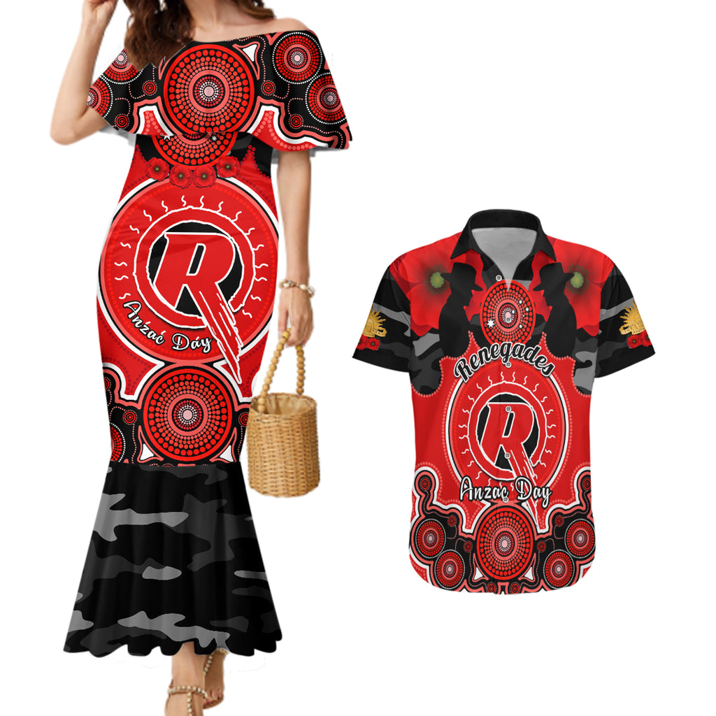 melbourne-renegades-anzac-2024-couples-matching-mermaid-dress-and-hawaiian-shirt-lest-we-forget-poppy-mix-camouflage