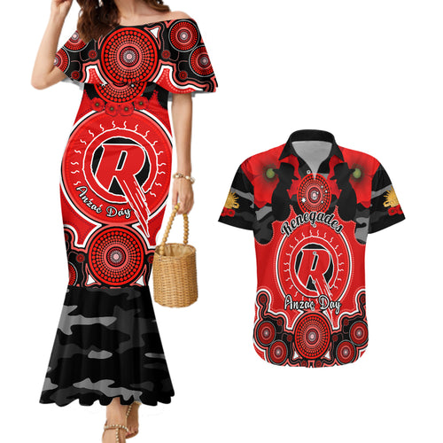 melbourne-renegades-anzac-2024-couples-matching-mermaid-dress-and-hawaiian-shirt-lest-we-forget-poppy-mix-camouflage