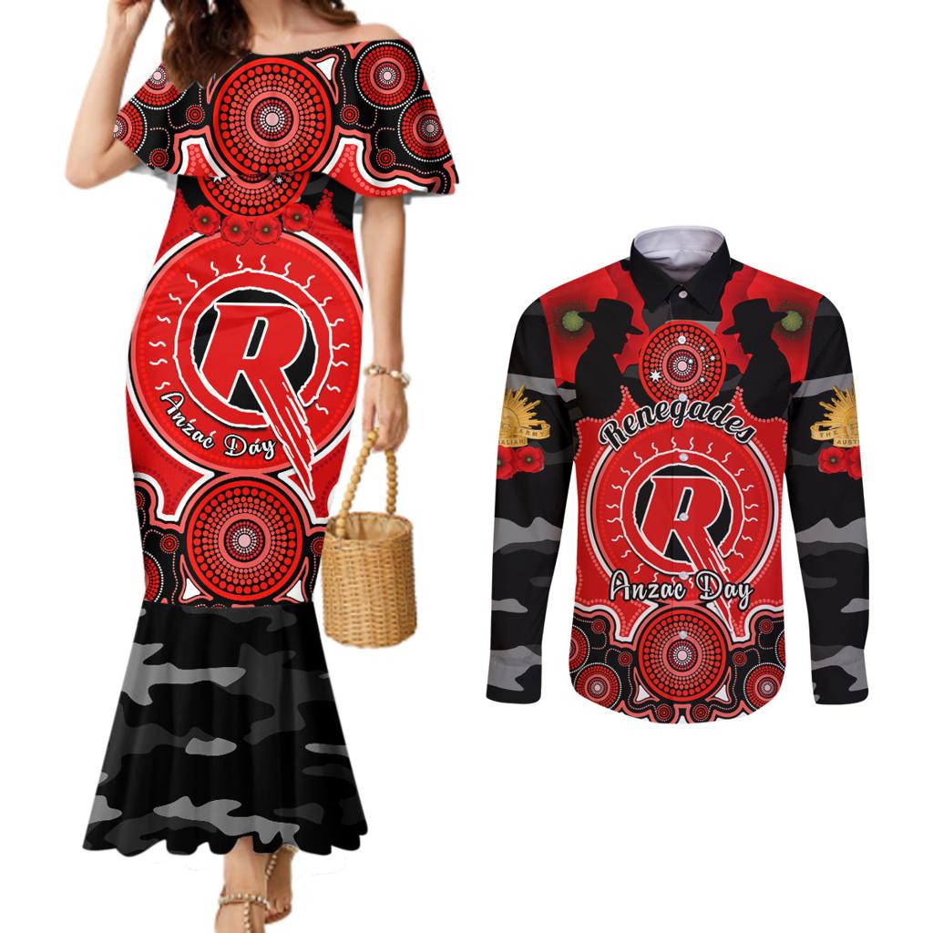 melbourne-renegades-anzac-2024-couples-matching-mermaid-dress-and-long-sleeve-button-shirt-lest-we-forget-poppy-mix-camouflage
