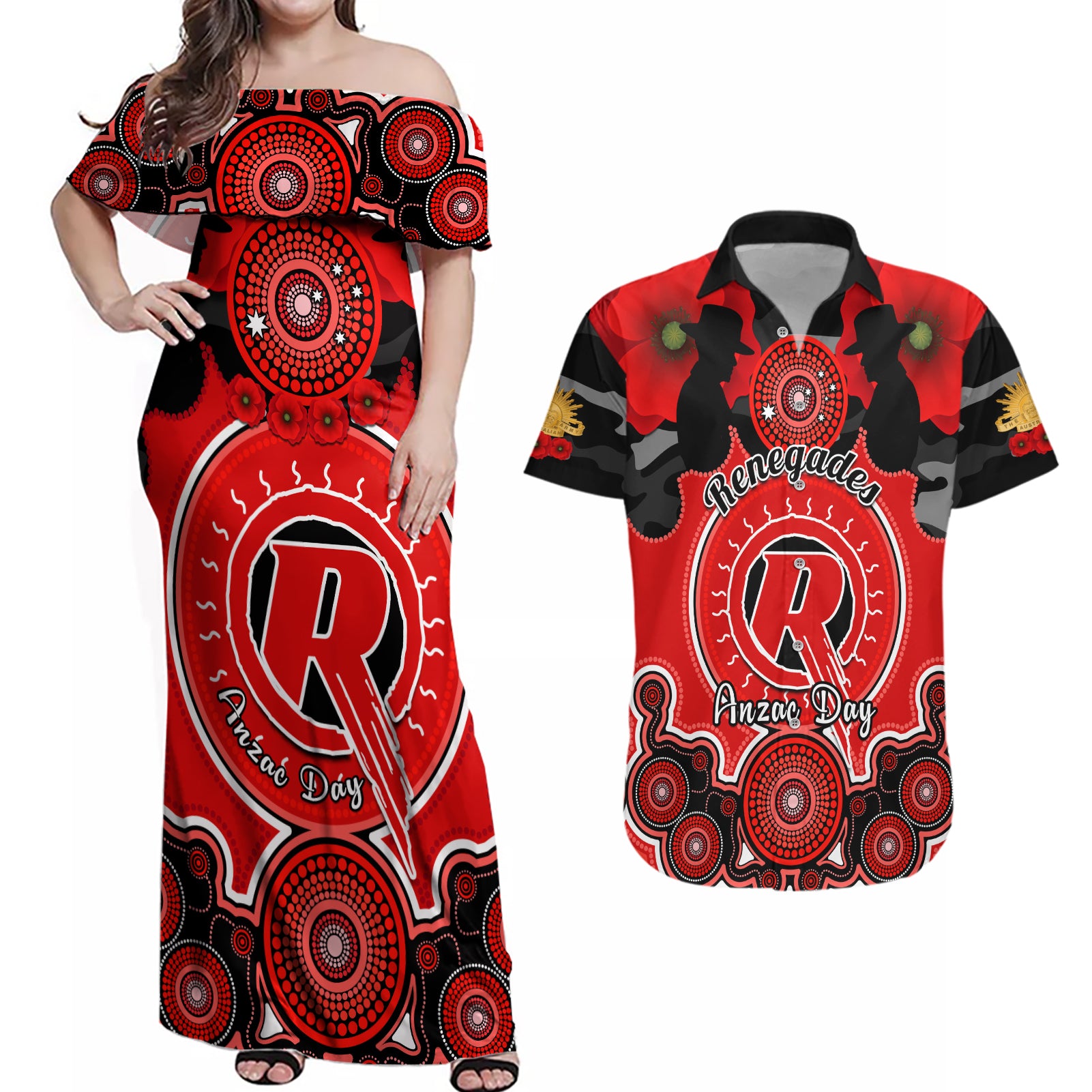 melbourne-renegades-anzac-2024-couples-matching-off-shoulder-maxi-dress-and-hawaiian-shirt-lest-we-forget-poppy-mix-camouflage
