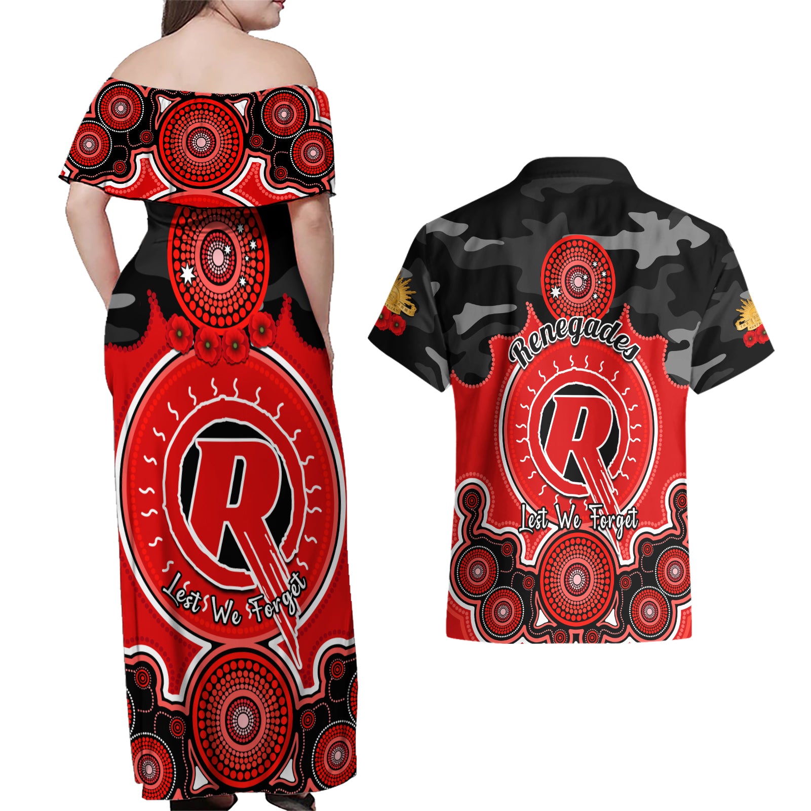 melbourne-renegades-anzac-2024-couples-matching-off-shoulder-maxi-dress-and-hawaiian-shirt-lest-we-forget-poppy-mix-camouflage