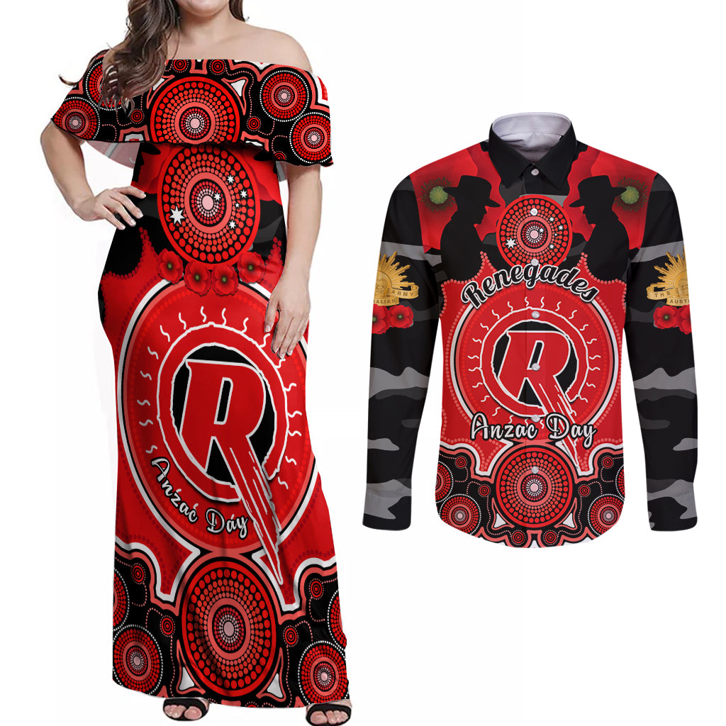 melbourne-renegades-anzac-2024-couples-matching-off-shoulder-maxi-dress-and-long-sleeve-button-shirt-lest-we-forget-poppy-mix-camouflage