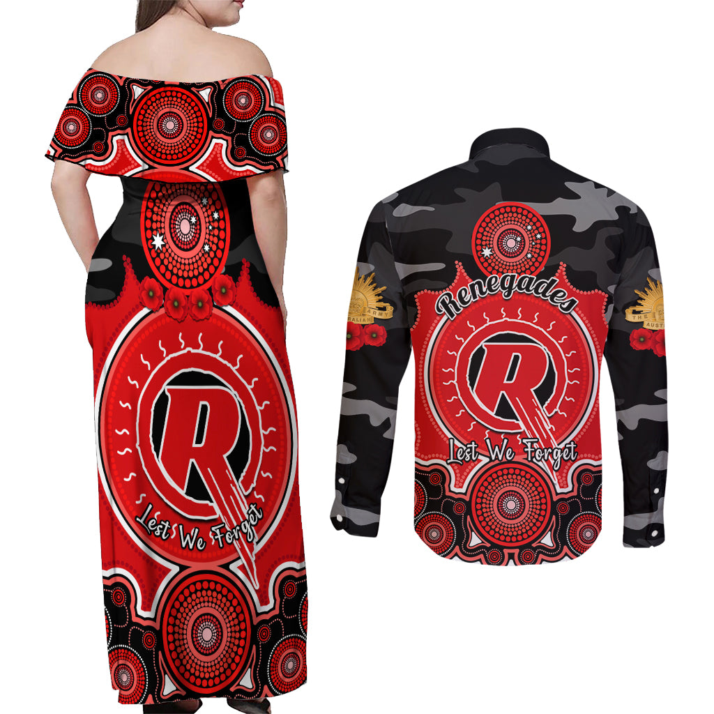 melbourne-renegades-anzac-2024-couples-matching-off-shoulder-maxi-dress-and-long-sleeve-button-shirt-lest-we-forget-poppy-mix-camouflage