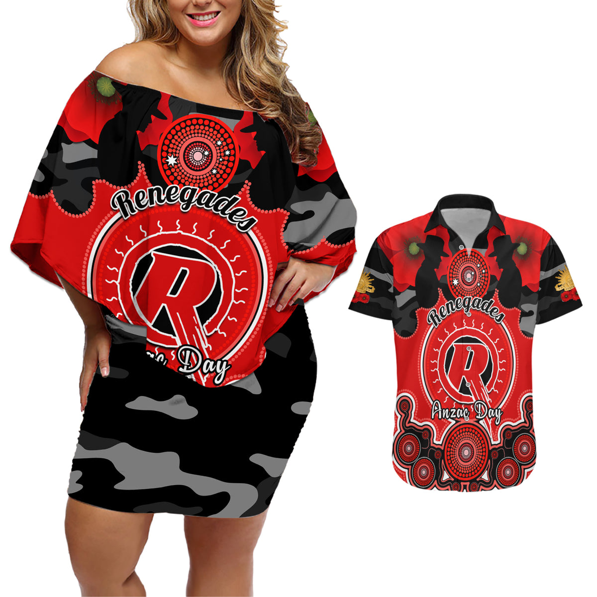 melbourne-renegades-anzac-2024-couples-matching-off-shoulder-short-dress-and-hawaiian-shirt-lest-we-forget-poppy-mix-camouflage