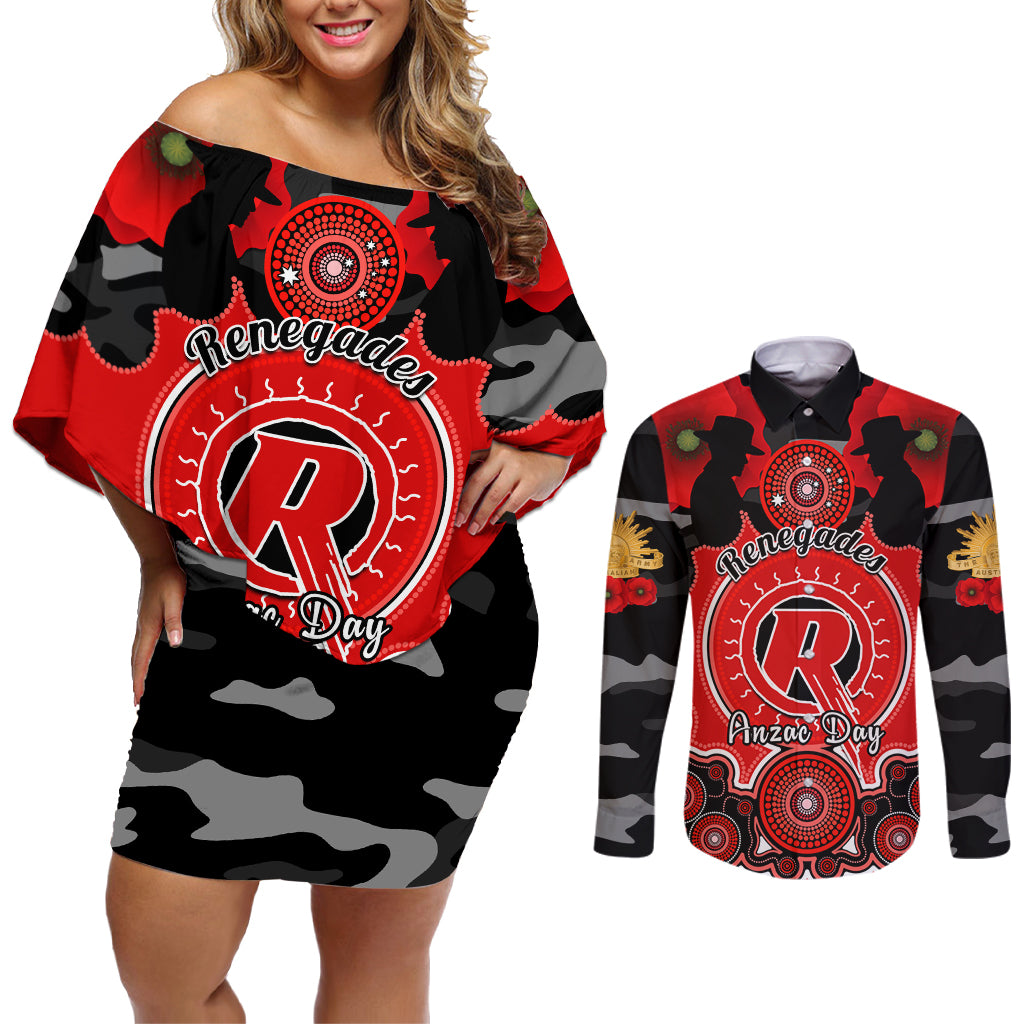 melbourne-renegades-anzac-2024-couples-matching-off-shoulder-short-dress-and-long-sleeve-button-shirt-lest-we-forget-poppy-mix-camouflage