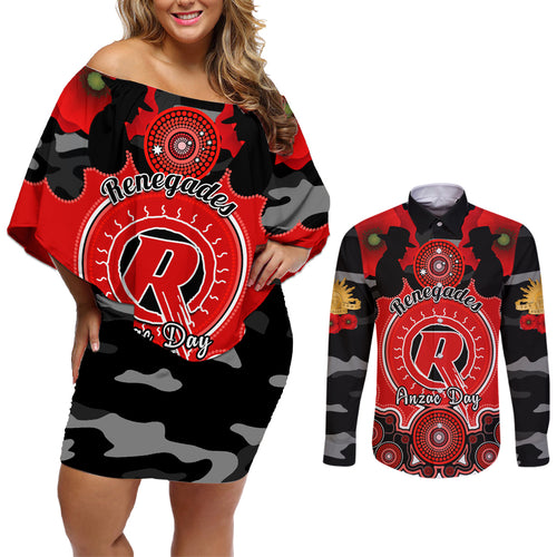 melbourne-renegades-anzac-2024-couples-matching-off-shoulder-short-dress-and-long-sleeve-button-shirt-lest-we-forget-poppy-mix-camouflage