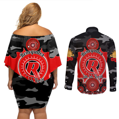 melbourne-renegades-anzac-2024-couples-matching-off-shoulder-short-dress-and-long-sleeve-button-shirt-lest-we-forget-poppy-mix-camouflage