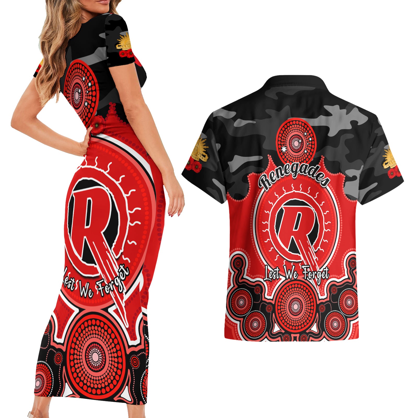 melbourne-renegades-anzac-2024-couples-matching-short-sleeve-bodycon-dress-and-hawaiian-shirt-lest-we-forget-poppy-mix-camouflage
