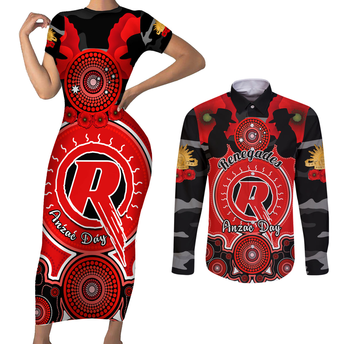 melbourne-renegades-anzac-2024-couples-matching-short-sleeve-bodycon-dress-and-long-sleeve-button-shirt-lest-we-forget-poppy-mix-camouflage