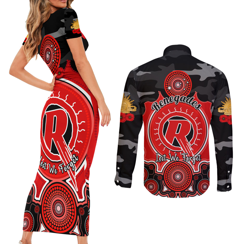 melbourne-renegades-anzac-2024-couples-matching-short-sleeve-bodycon-dress-and-long-sleeve-button-shirt-lest-we-forget-poppy-mix-camouflage
