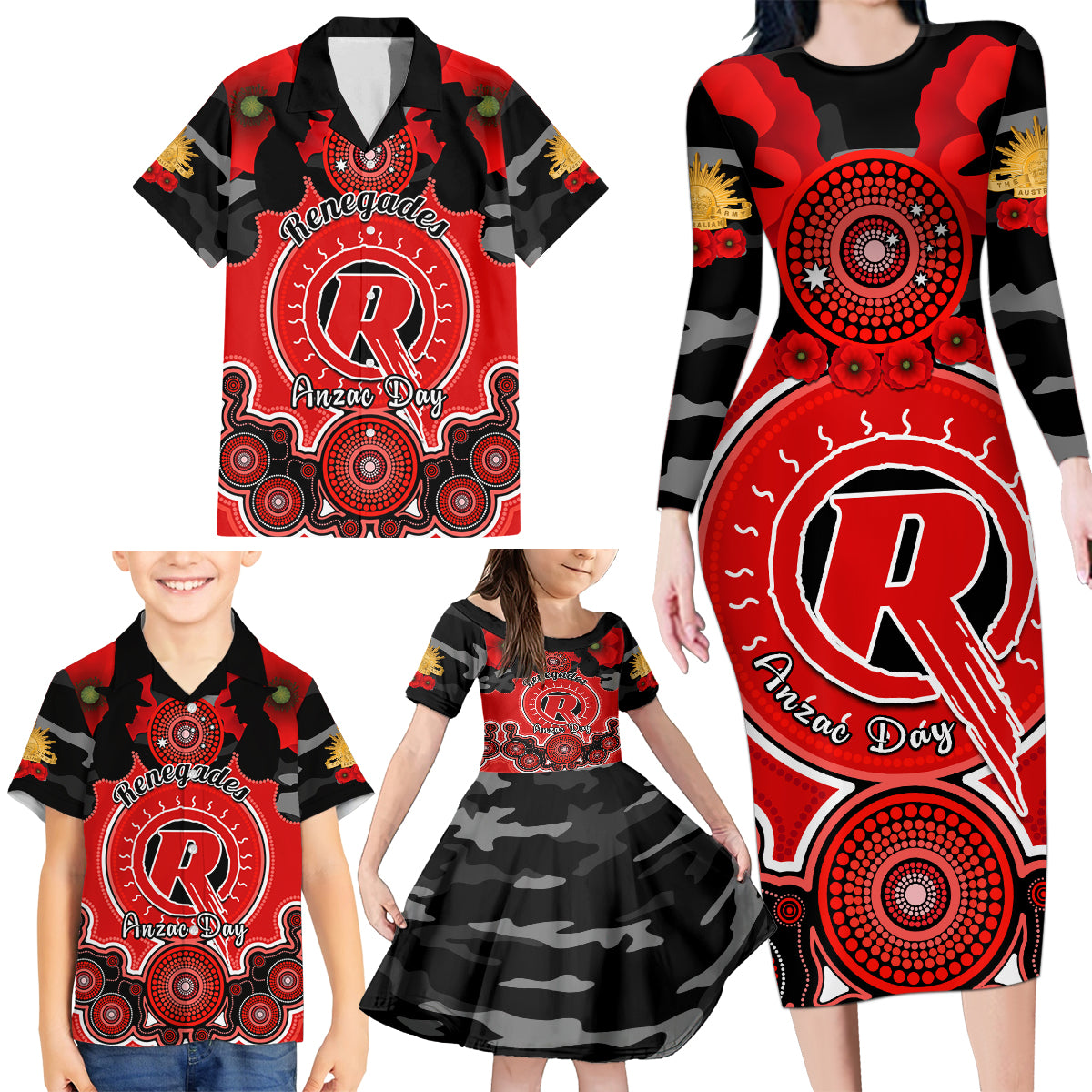 melbourne-renegades-anzac-2024-family-matching-long-sleeve-bodycon-dress-and-hawaiian-shirt-lest-we-forget-poppy-mix-camouflage