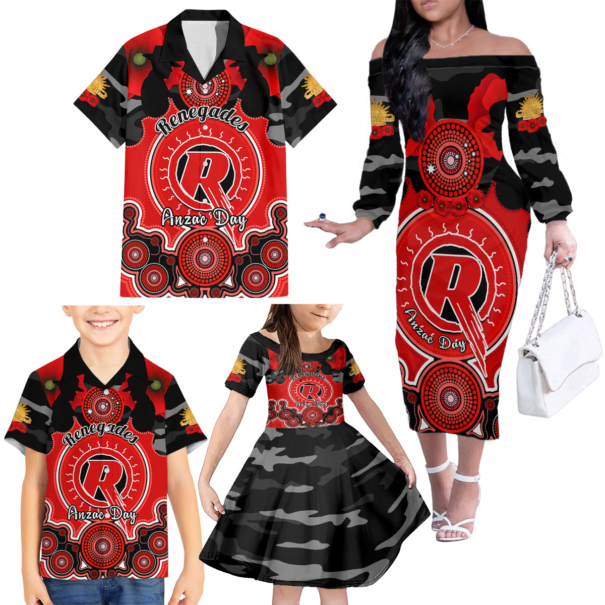 melbourne-renegades-anzac-2024-family-matching-off-shoulder-long-sleeve-dress-and-hawaiian-shirt-lest-we-forget-poppy-mix-camouflage
