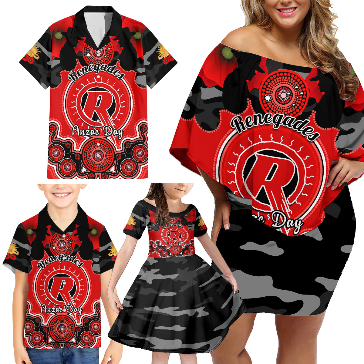 melbourne-renegades-anzac-2024-family-matching-off-shoulder-short-dress-and-hawaiian-shirt-lest-we-forget-poppy-mix-camouflage