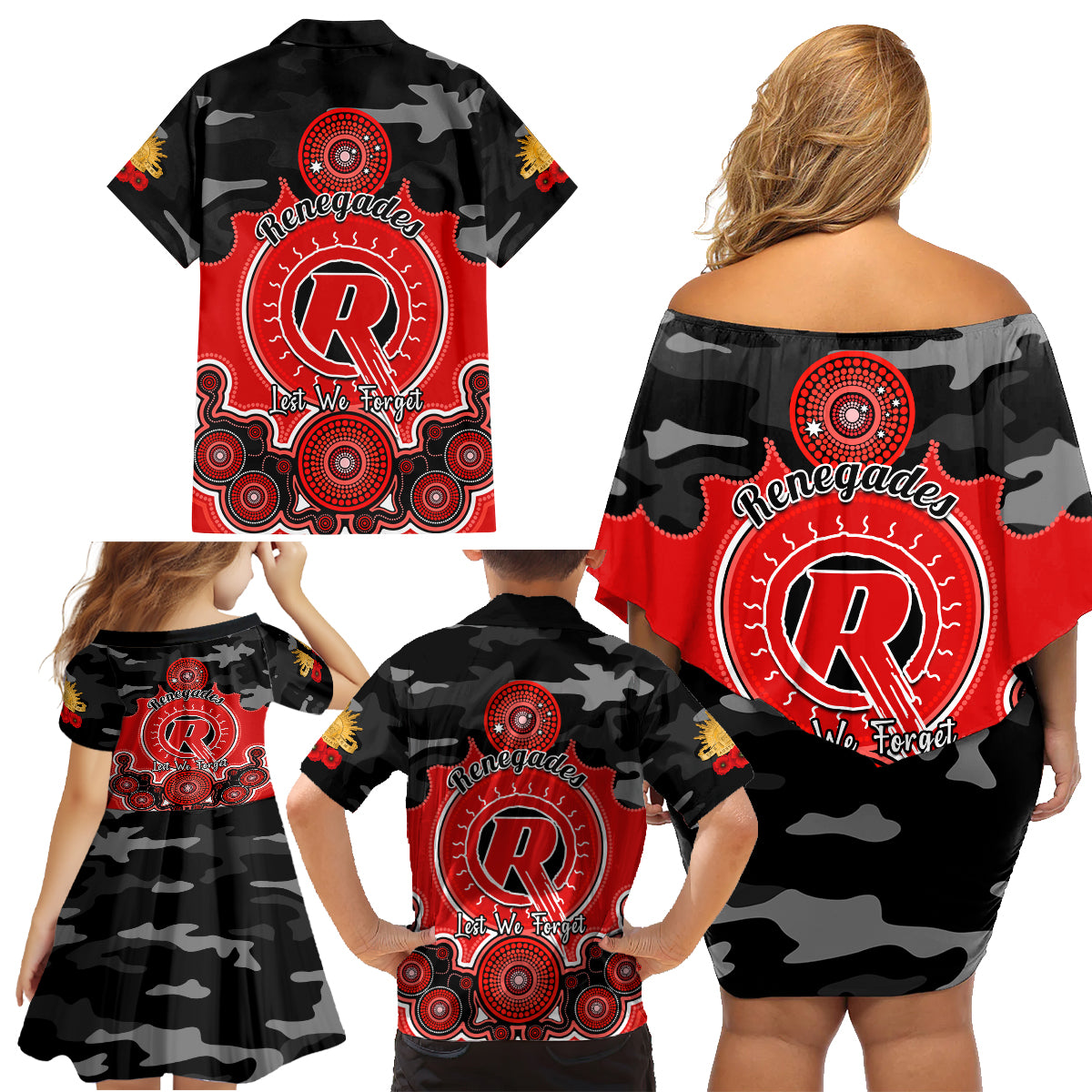 melbourne-renegades-anzac-2024-family-matching-off-shoulder-short-dress-and-hawaiian-shirt-lest-we-forget-poppy-mix-camouflage