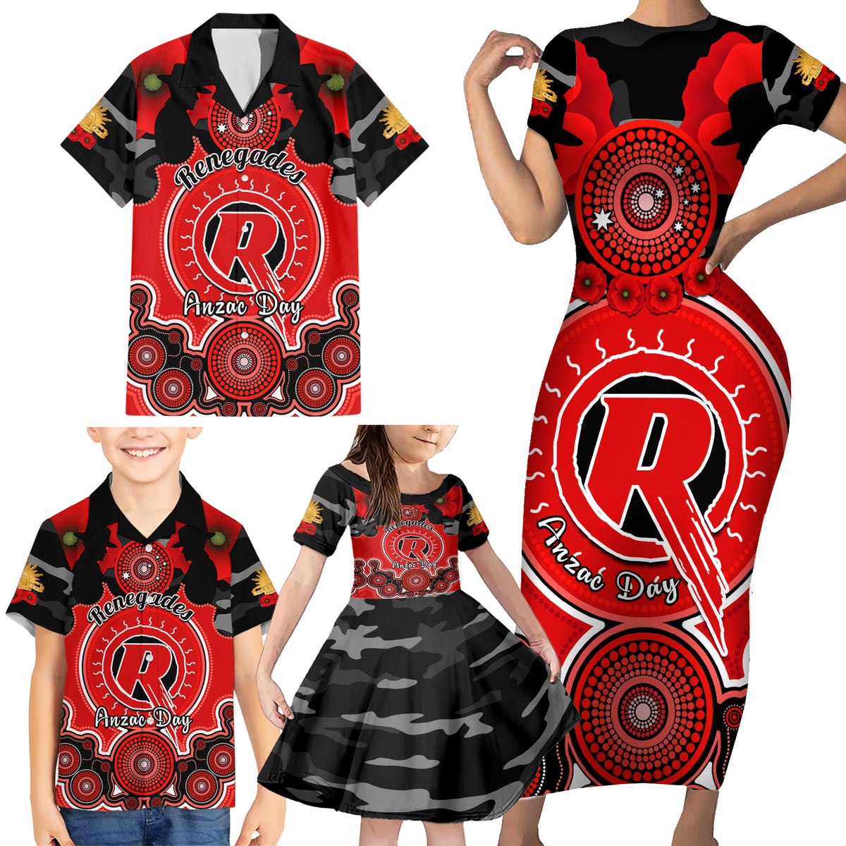 melbourne-renegades-anzac-2024-family-matching-short-sleeve-bodycon-dress-and-hawaiian-shirt-lest-we-forget-poppy-mix-camouflage