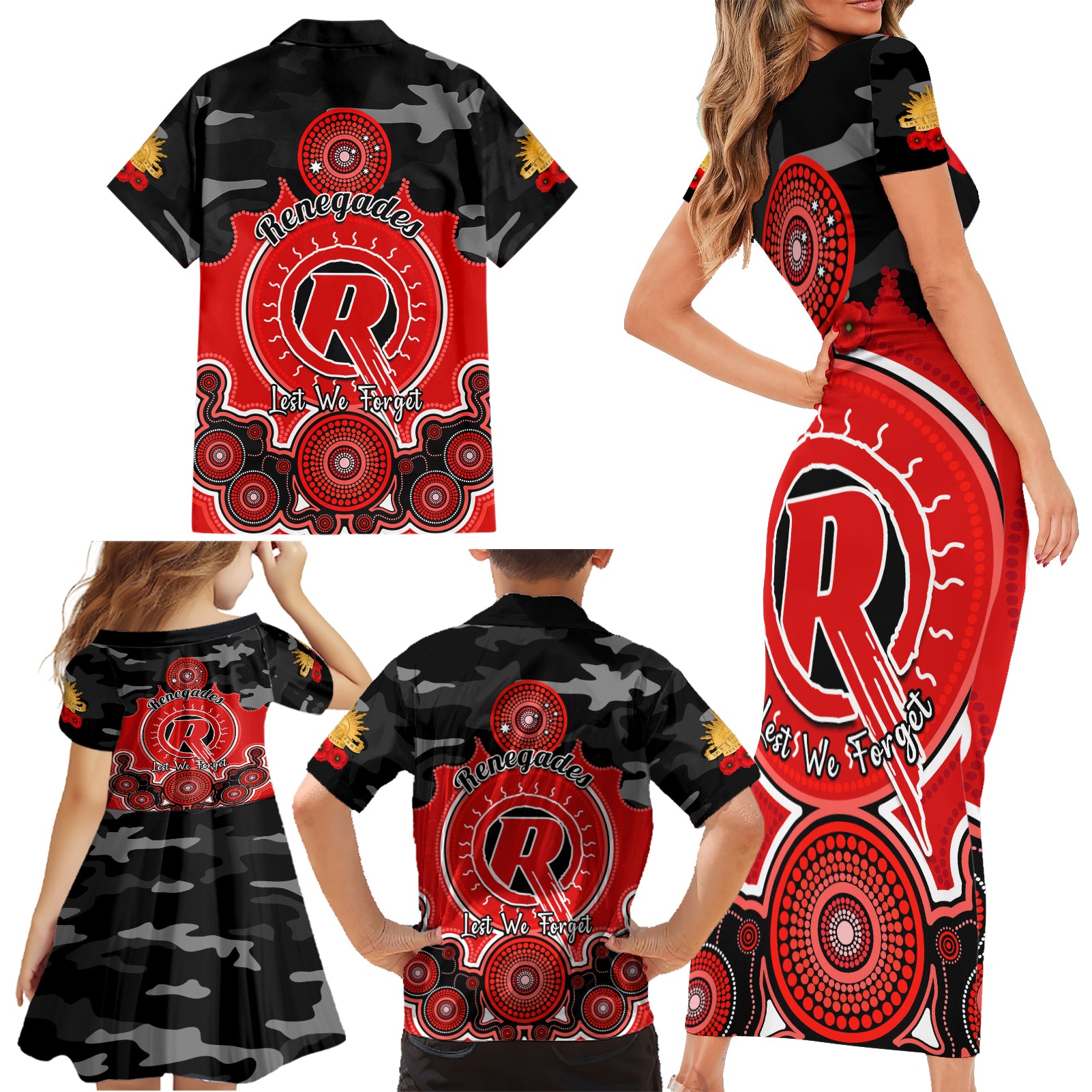 melbourne-renegades-anzac-2024-family-matching-short-sleeve-bodycon-dress-and-hawaiian-shirt-lest-we-forget-poppy-mix-camouflage