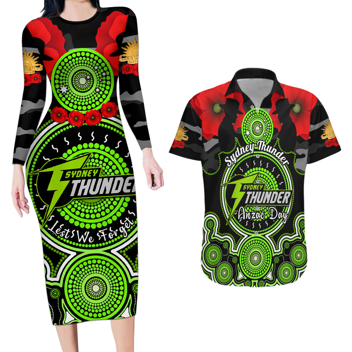 sydney-thunder-anzac-2024-couples-matching-long-sleeve-bodycon-dress-and-hawaiian-shirt-lest-we-forget-poppy-mix-camouflage