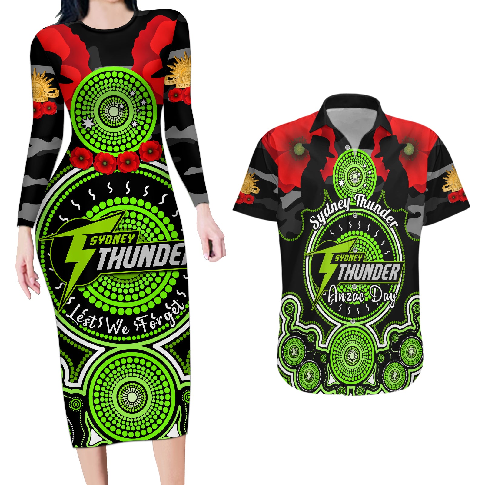 sydney-thunder-anzac-2024-couples-matching-long-sleeve-bodycon-dress-and-hawaiian-shirt-lest-we-forget-poppy-mix-camouflage