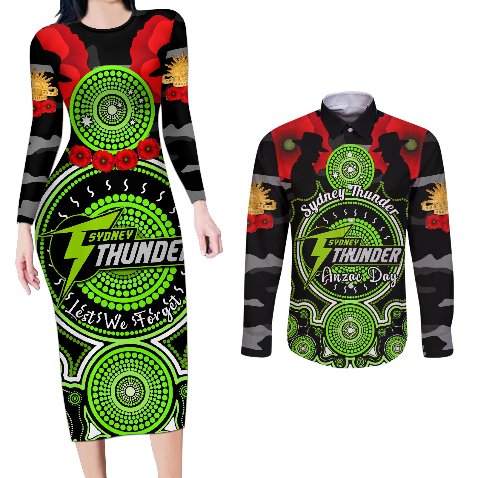 sydney-thunder-anzac-2024-couples-matching-long-sleeve-bodycon-dress-and-long-sleeve-button-shirt-lest-we-forget-poppy-mix-camouflage