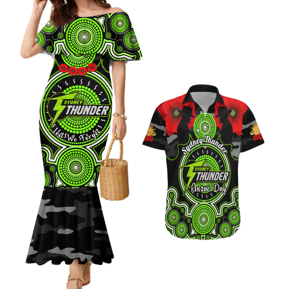 sydney-thunder-anzac-2024-couples-matching-mermaid-dress-and-hawaiian-shirt-lest-we-forget-poppy-mix-camouflage