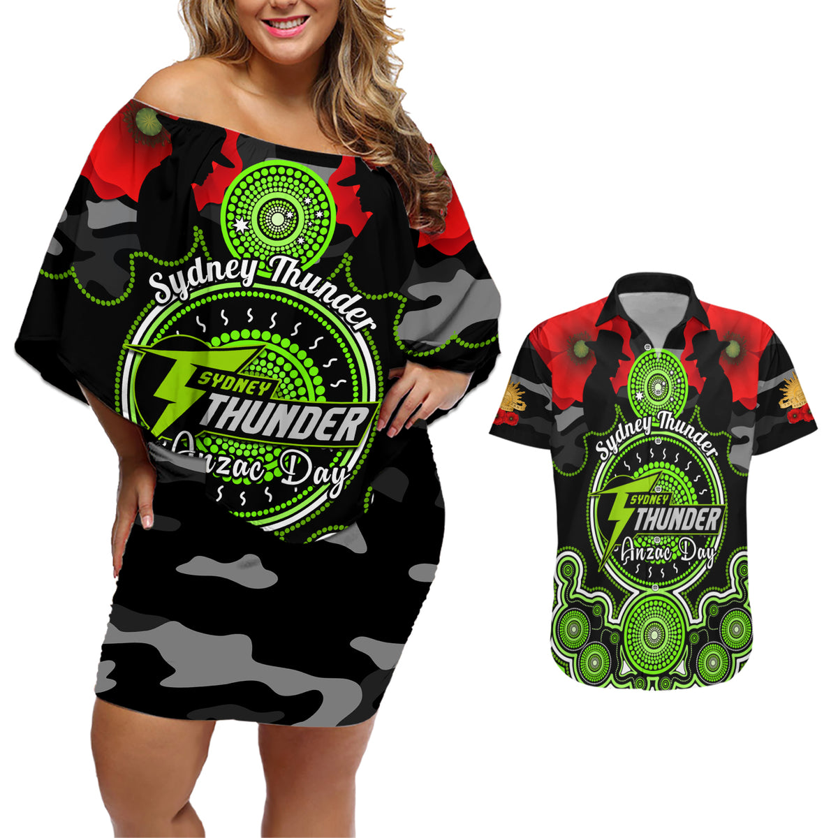 sydney-thunder-anzac-2024-couples-matching-off-shoulder-short-dress-and-hawaiian-shirt-lest-we-forget-poppy-mix-camouflage
