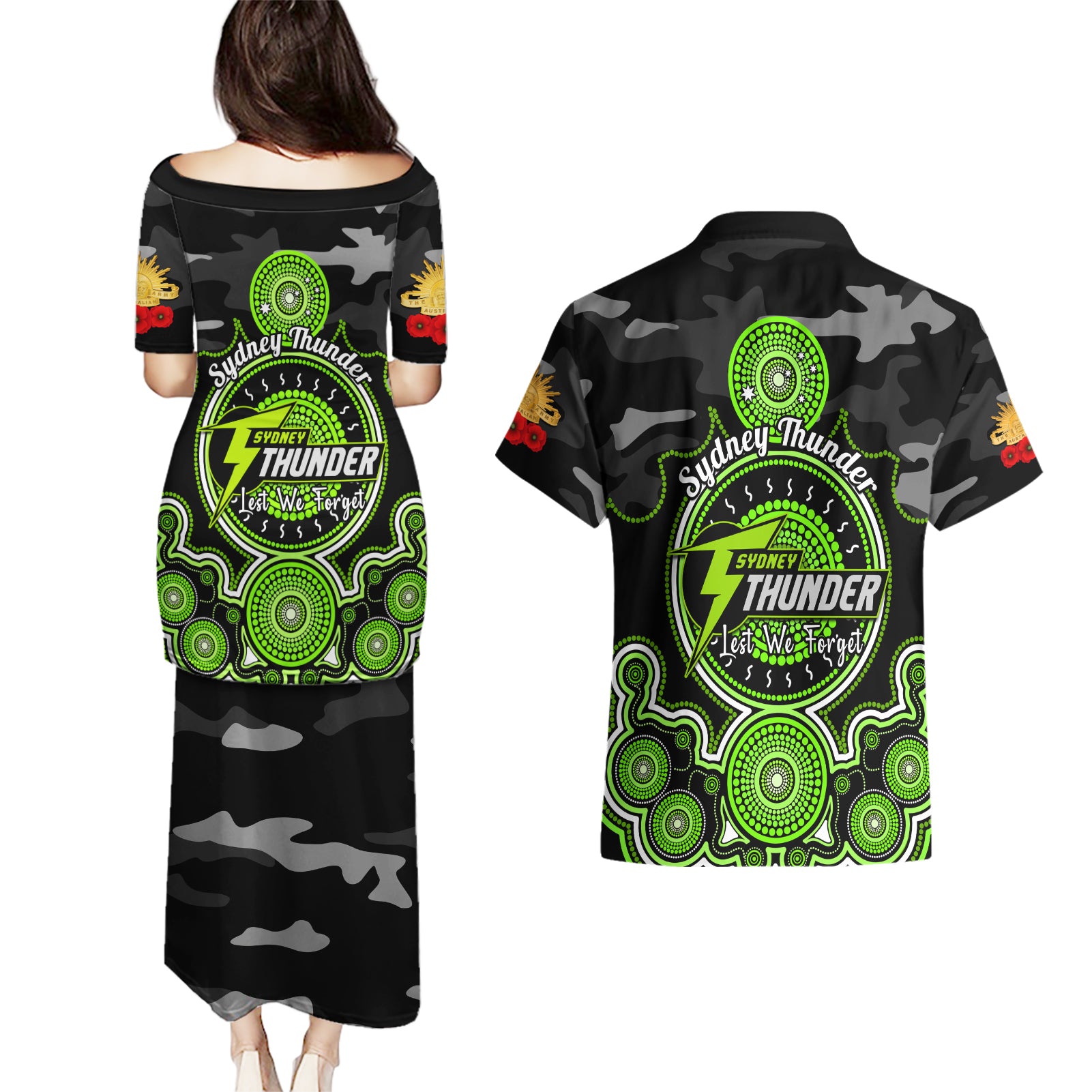 sydney-thunder-anzac-2024-couples-matching-puletasi-dress-and-hawaiian-shirt-lest-we-forget-poppy-mix-camouflage